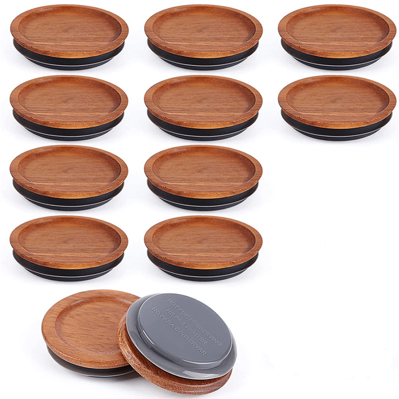 Pack of 12 Regular Mouth Wooden Storage Lids for Ball jars. Features a smooth surface and airtight silicone seal in brown color, designed to prevent hand damage.