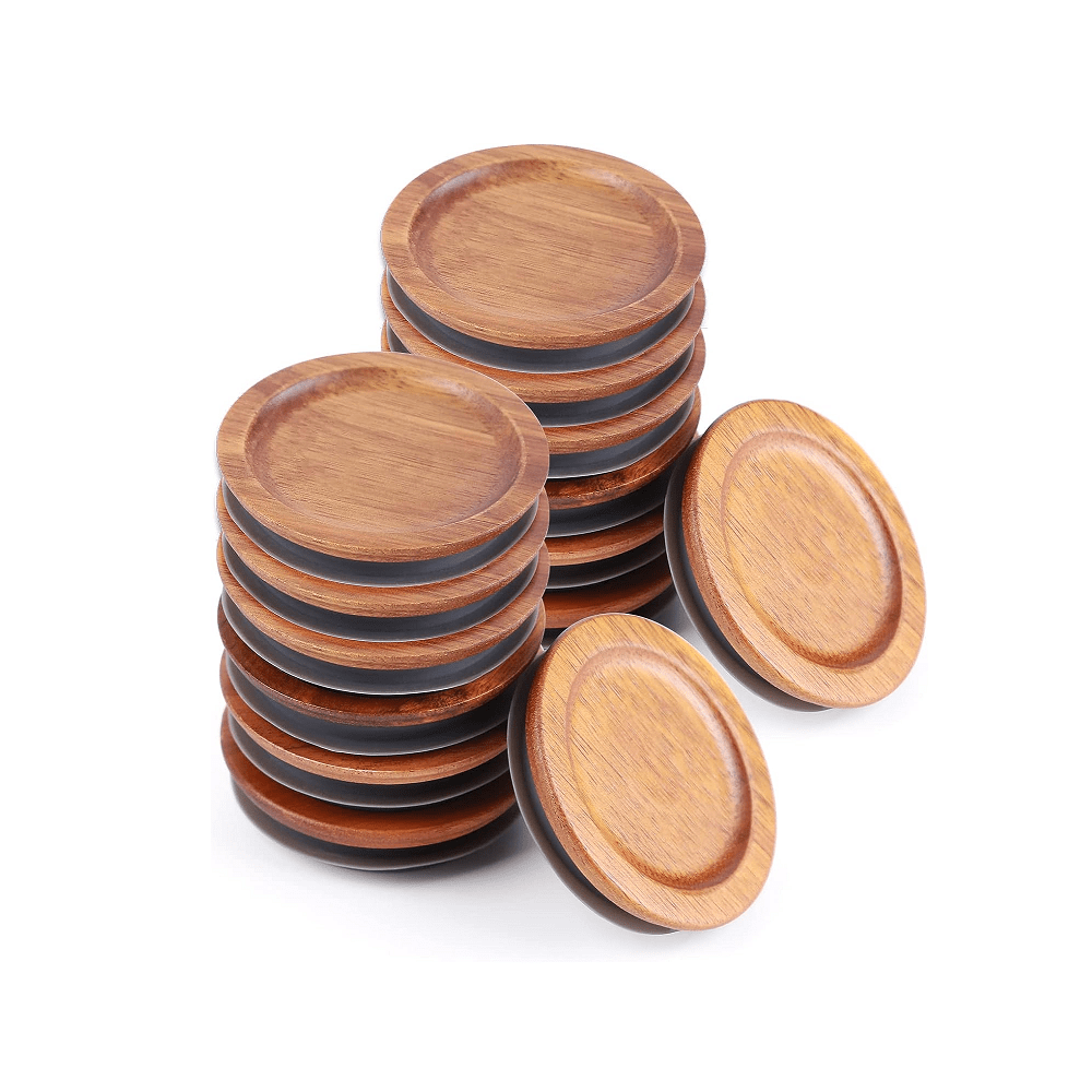 Pack of 12 Regular Mouth Wooden Storage Lids for Ball jars. Features a smooth surface and airtight silicone seal in brown color, designed to prevent hand damage.