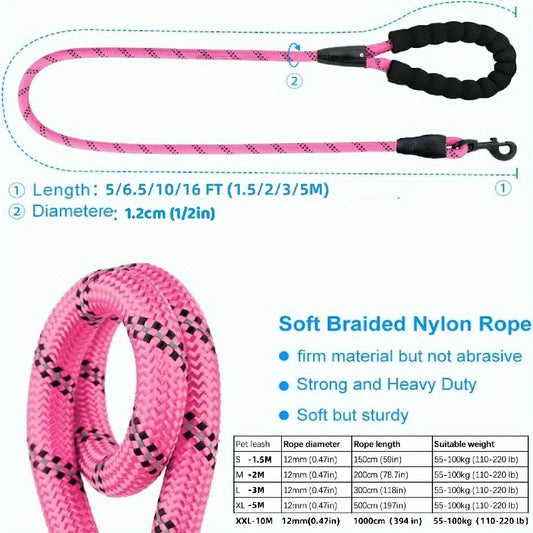 Reflective round rope leash for medium and large dogs.