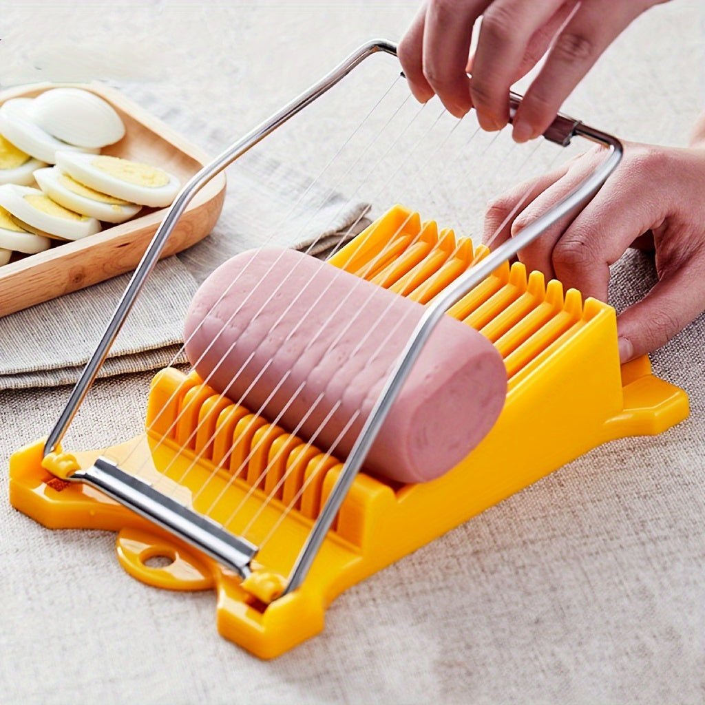 Food slicer, egg slicer, and multifunctional luncheon meat cutter in one piece. Also can be used as an egg cutter and spam slicer. Perfect for cutting fruits, onions, soft foods, roast legs, and more with 10 pieces. A versatile kitchen tool.