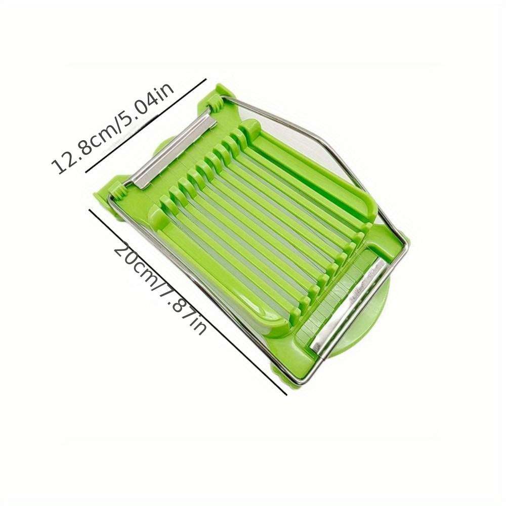 Food slicer, egg slicer, and multifunctional luncheon meat cutter in one piece. Also can be used as an egg cutter and spam slicer. Perfect for cutting fruits, onions, soft foods, roast legs, and more with 10 pieces. A versatile kitchen tool.