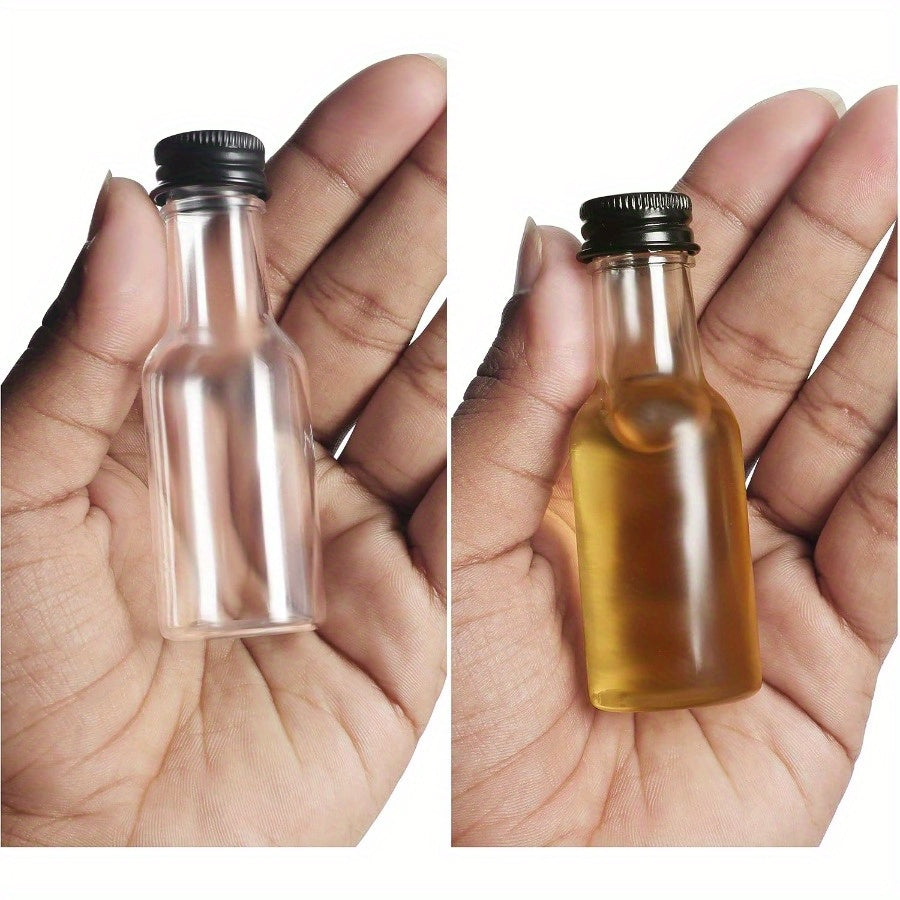 Set of 50 or 100 Mini Liquor Bottles, 25ml (0.85 Fl Oz) PET Plastic Bottles with Black Screw Cap, Includes Liquid Funnel for Simple Filling - Perfect for Miniature Juice, Schnapps, and Vinegar Bottles at Weddings and Parties, Reusable and Convenient