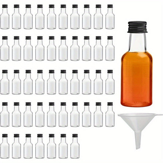 Set of 50 or 100 Mini Liquor Bottles, 25ml (0.85 Fl Oz) PET Plastic Bottles with Black Screw Cap, Includes Liquid Funnel for Simple Filling - Perfect for Miniature Juice, Schnapps, and Vinegar Bottles at Weddings and Parties, Reusable and Convenient