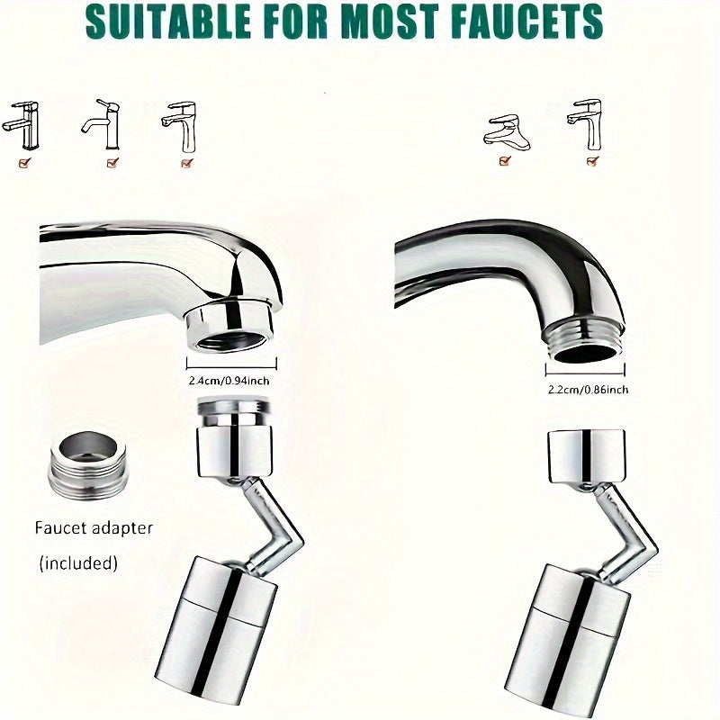 Rotating faucet sprayer attachment for kitchen sink with adjustable tap head and water-saving nozzle. Adapter included for 2.21-2.39cm faucets.