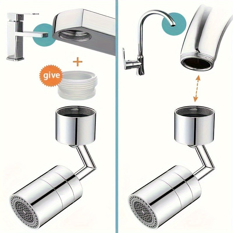 Rotating faucet sprayer attachment for kitchen sink with adjustable tap head and water-saving nozzle. Adapter included for 2.21-2.39cm faucets.