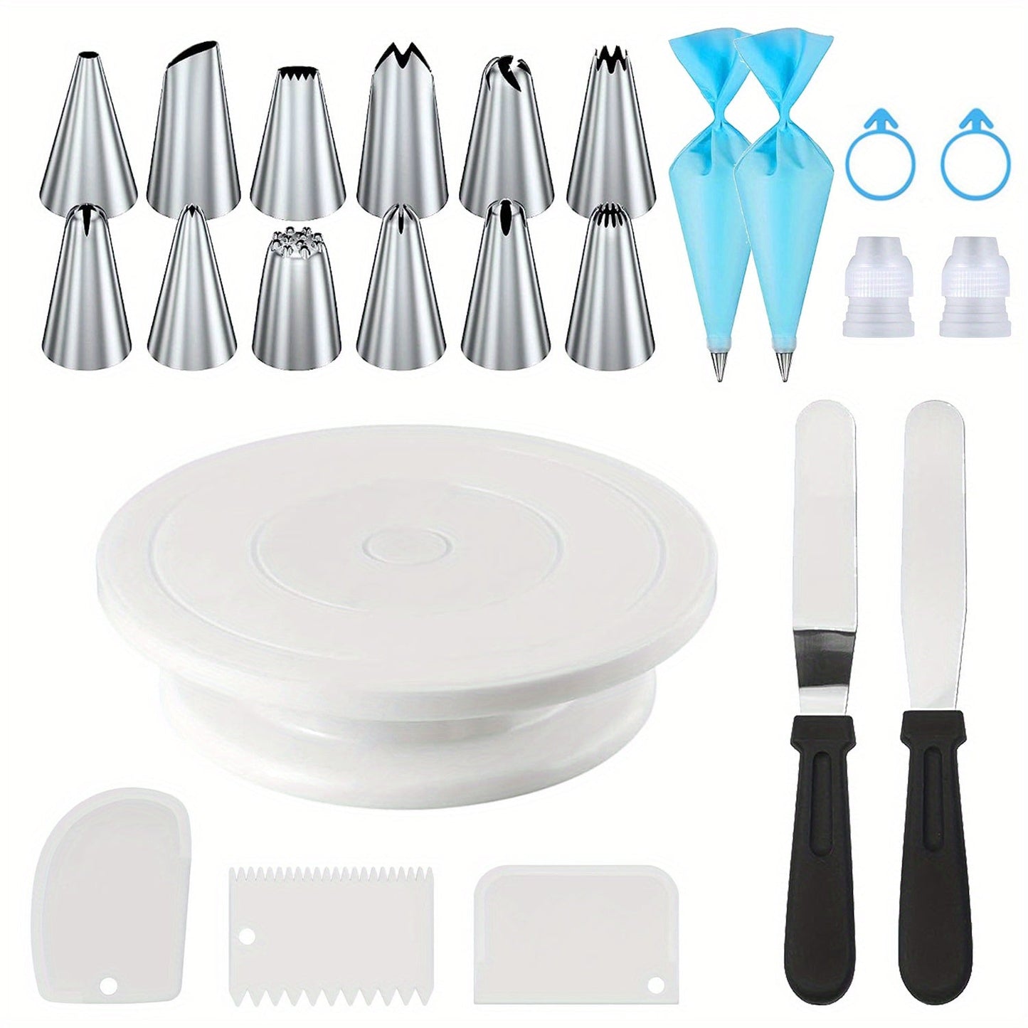 Cake decorating set includes 24 stainless steel piping nozzles, 12 piping nozzles, 1 cake turntable, 2 reusable piping bags, 2 silicone rings, 2 converters, 2 cream spatulas, and 3 cream scrapers. Perfect for creating beautifully decorated cakes and