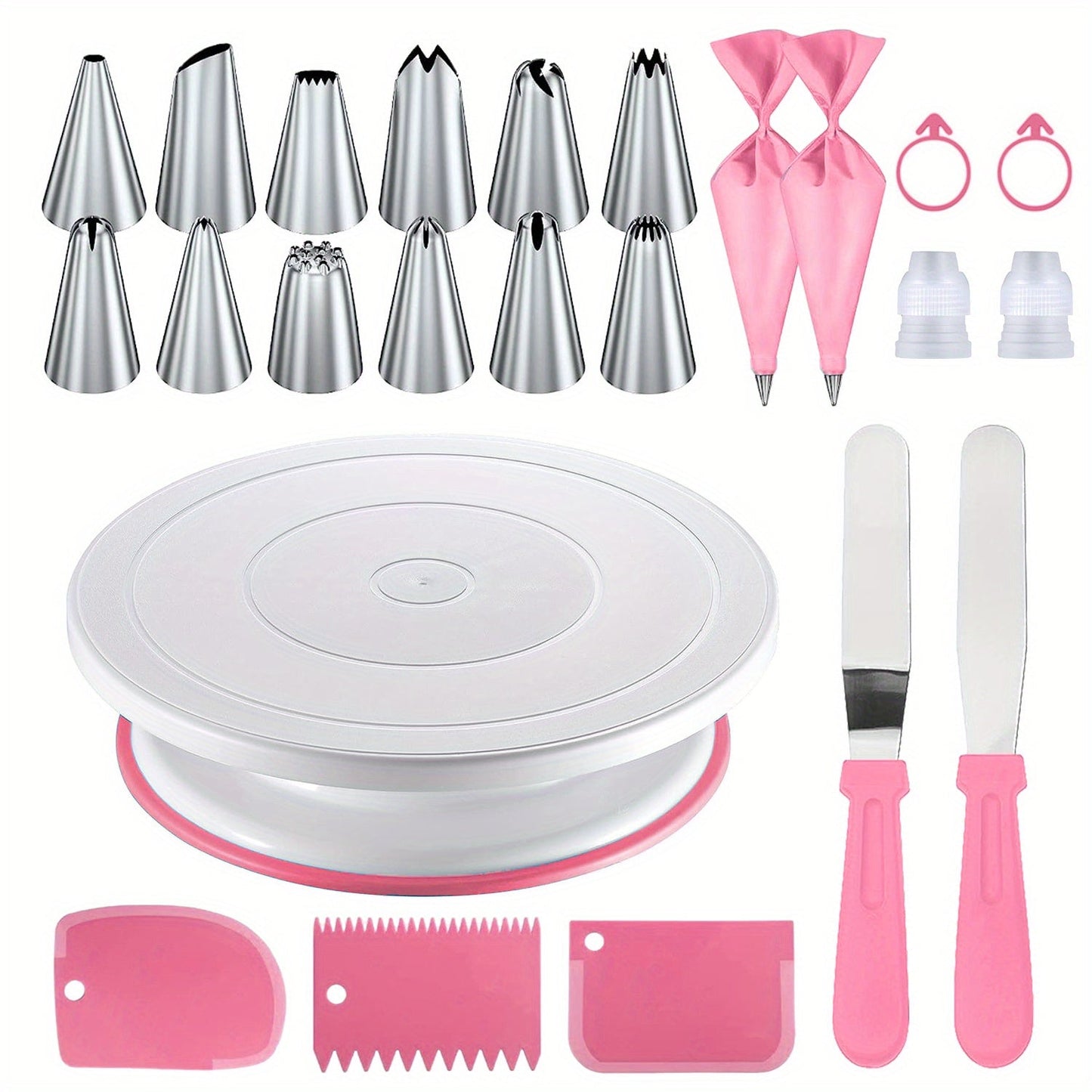 Cake decorating set includes 24 stainless steel piping nozzles, 12 piping nozzles, 1 cake turntable, 2 reusable piping bags, 2 silicone rings, 2 converters, 2 cream spatulas, and 3 cream scrapers. Perfect for creating beautifully decorated cakes and