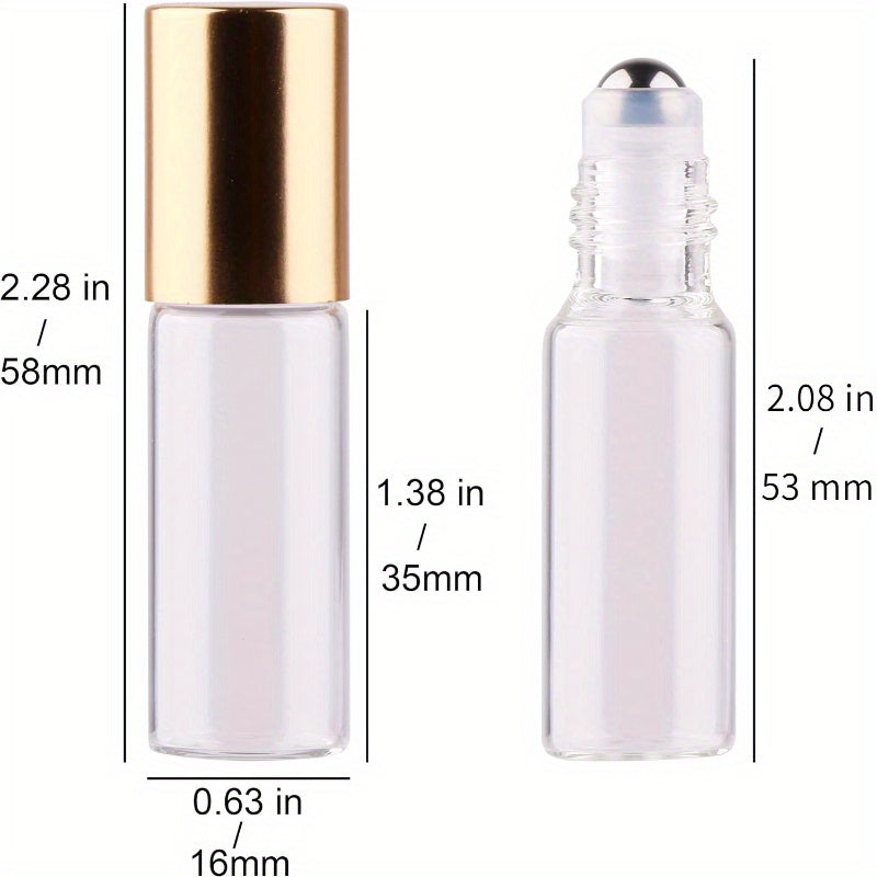 100pcs 5ml Clear Glass Roller Bottles with Opener, Funnel Dropper, and Golden Cap, ideal for Essential Oils at Home and Travel.