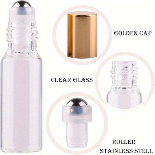 100pcs 5ml Clear Glass Roller Bottles with Opener, Funnel Dropper, and Golden Cap, ideal for Essential Oils at Home and Travel.