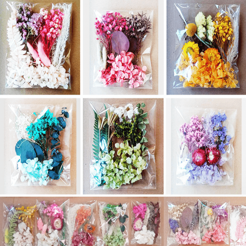 Assorted flowers, preserved materials, and epoxy resin fillers for DIY floral projects.