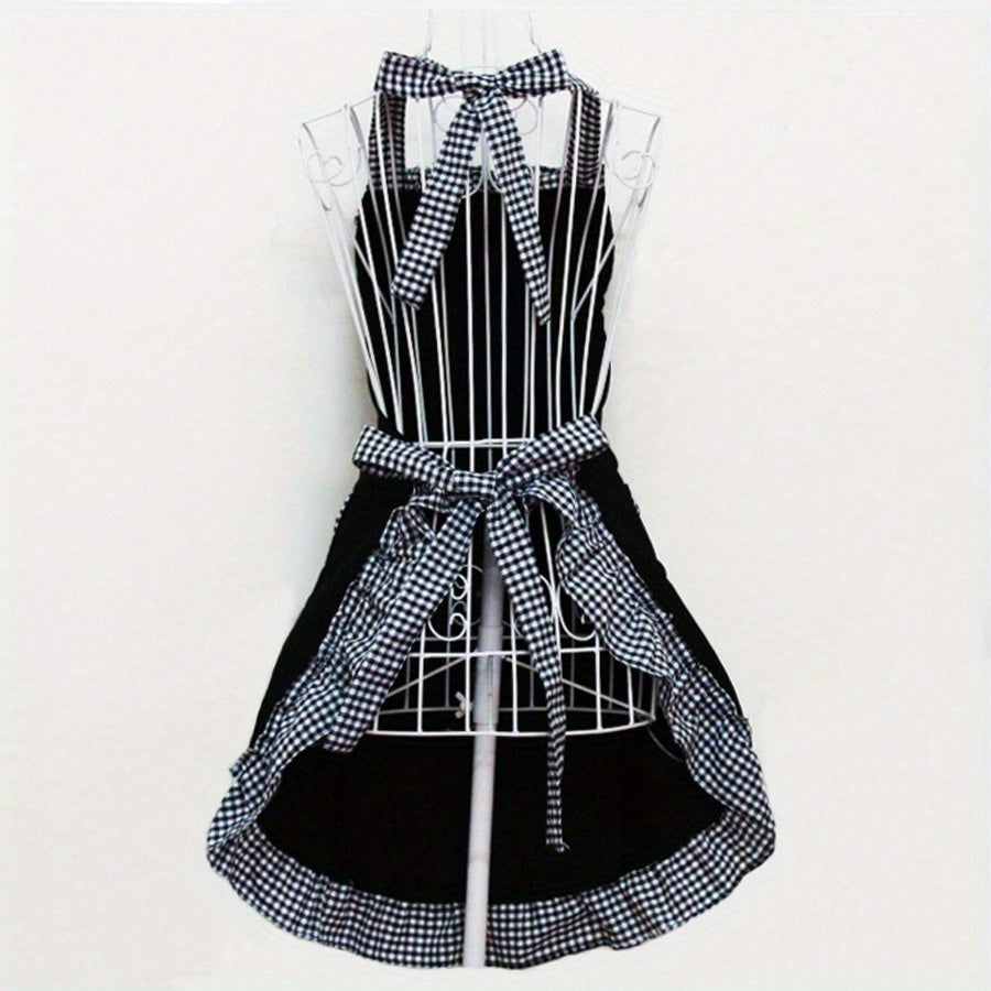 Adjustable Halter Plaid Bowknot Lace Apron, Ideal for Home Cleaning, Kitchen Cooking, Baking, Gardening, Catering, Milk, Tea Shop Work - One Piece Uniform Apron