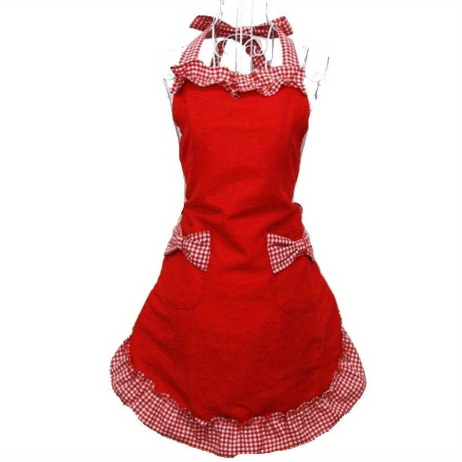 Adjustable Halter Plaid Bowknot Lace Apron, Ideal for Home Cleaning, Kitchen Cooking, Baking, Gardening, Catering, Milk, Tea Shop Work - One Piece Uniform Apron