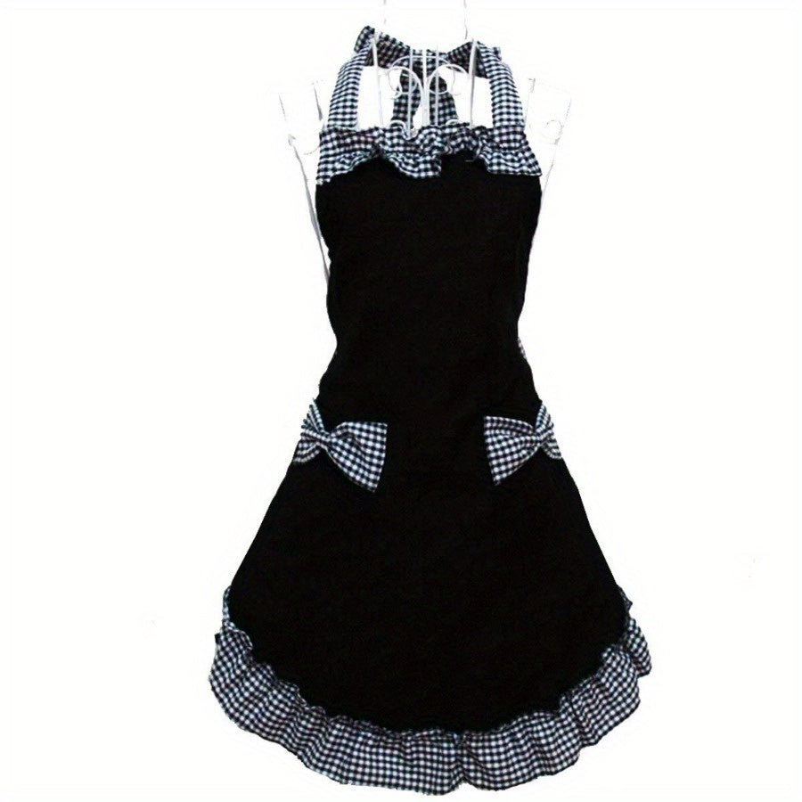 Adjustable Halter Plaid Bowknot Lace Apron, Ideal for Home Cleaning, Kitchen Cooking, Baking, Gardening, Catering, Milk, Tea Shop Work - One Piece Uniform Apron