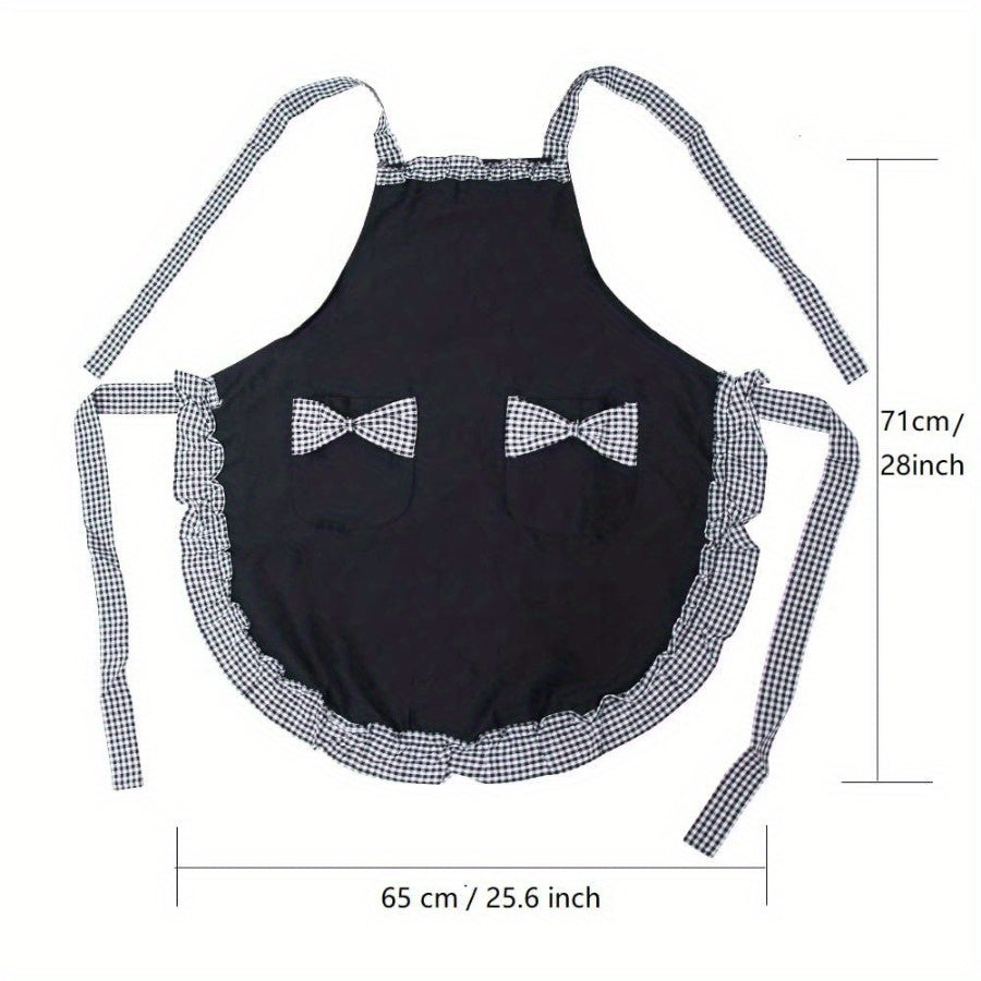 Adjustable Halter Plaid Bowknot Lace Apron, Ideal for Home Cleaning, Kitchen Cooking, Baking, Gardening, Catering, Milk, Tea Shop Work - One Piece Uniform Apron