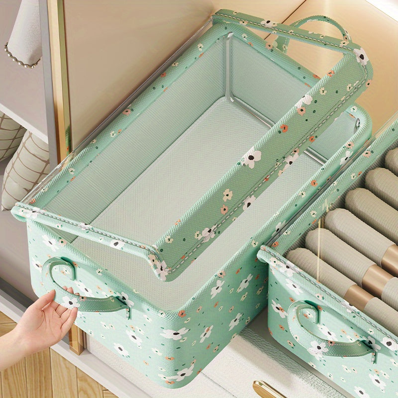 Small Flower Storage Box is perfect for organizing clothes and other items in your household. It can be used in the living room, dormitory, or any other room. This box is great for storing clothes, pants, and other fabric items.