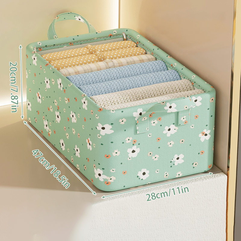 Small Flower Storage Box is perfect for organizing clothes and other items in your household. It can be used in the living room, dormitory, or any other room. This box is great for storing clothes, pants, and other fabric items.