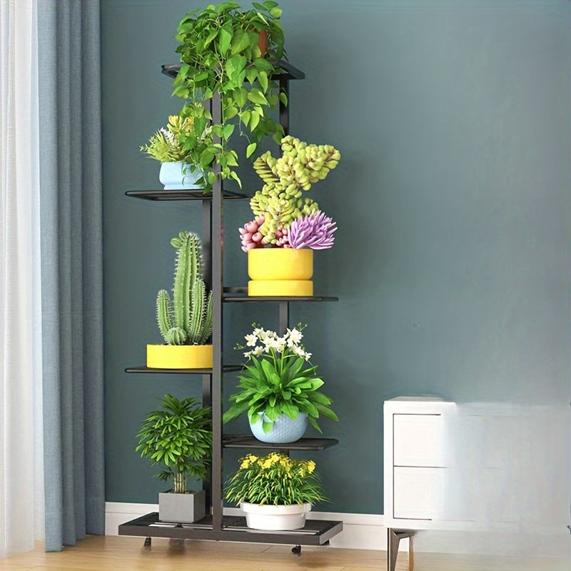 Multi-tier metal flower stand suitable for various settings like living rooms, balconies, and gardens. Ideal for displaying potted plants and books.