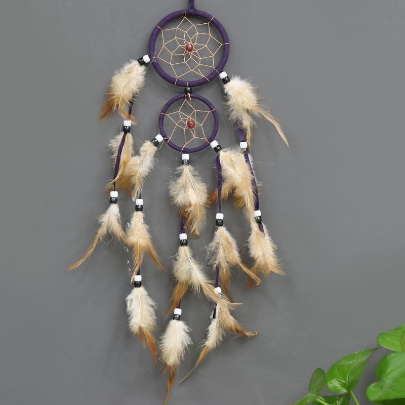 Brown feathered Boho Indian Dream Catcher, 1pc. Fabric wall hanging for wedding decor, bedroom accessory. Wind chime design, no electricity required.