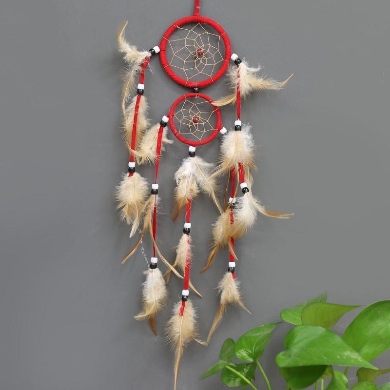 Brown feathered Boho Indian Dream Catcher, 1pc. Fabric wall hanging for wedding decor, bedroom accessory. Wind chime design, no electricity required.