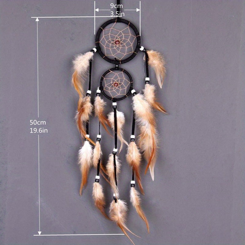 Brown feathered Boho Indian Dream Catcher, 1pc. Fabric wall hanging for wedding decor, bedroom accessory. Wind chime design, no electricity required.