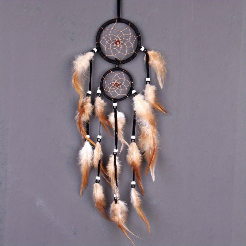 Brown feathered Boho Indian Dream Catcher, 1pc. Fabric wall hanging for wedding decor, bedroom accessory. Wind chime design, no electricity required.