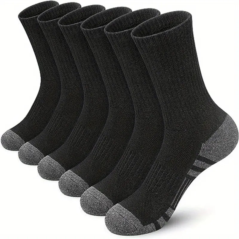 6 pairs of men's mid crew sport socks designed for basketball training, running, and outdoor activities, featuring sweat-absorbing and breathable material.