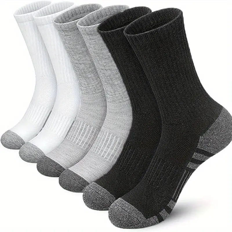 6 pairs of men's mid crew sport socks designed for basketball training, running, and outdoor activities, featuring sweat-absorbing and breathable material.