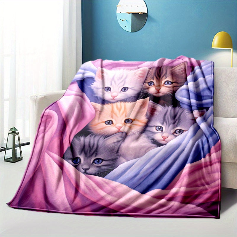 Get cozy with this adorable blue and pink kitten blanket! Perfect for any sofa, office couch, bed, or even travel and camping. This lightweight flannel blanket features digital printing and is super soft and warm. It also makes a great gift for family