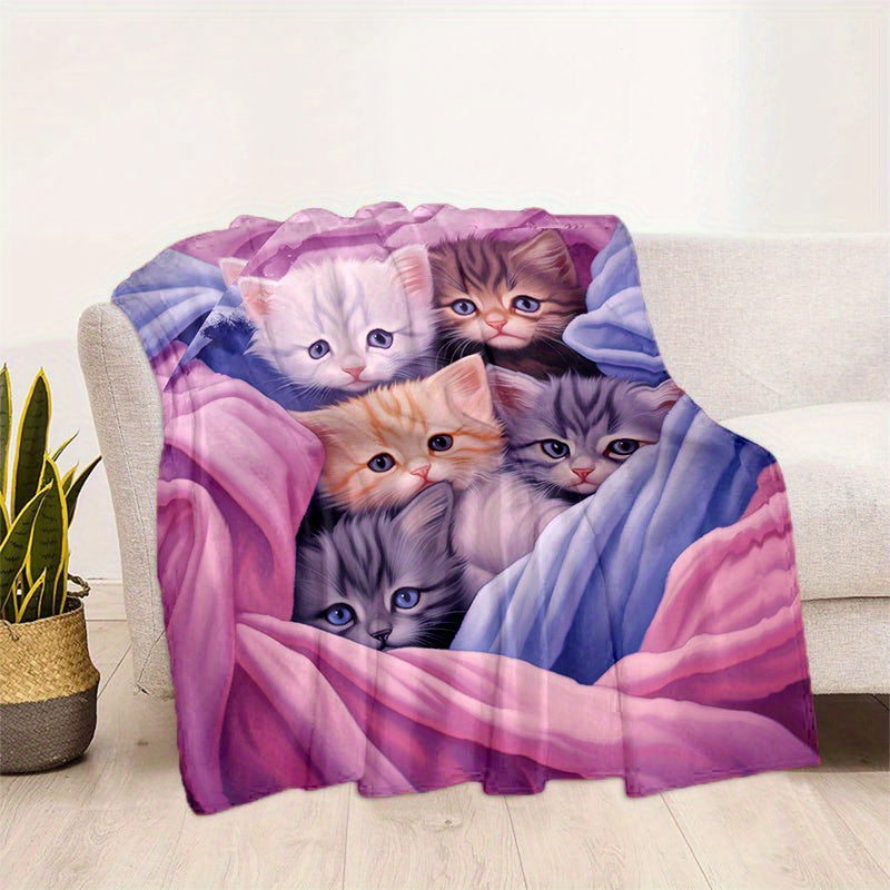 Get cozy with this adorable blue and pink kitten blanket! Perfect for any sofa, office couch, bed, or even travel and camping. This lightweight flannel blanket features digital printing and is super soft and warm. It also makes a great gift for family