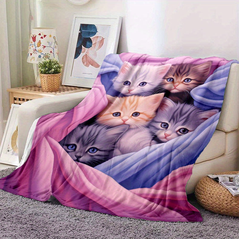 Get cozy with this adorable blue and pink kitten blanket! Perfect for any sofa, office couch, bed, or even travel and camping. This lightweight flannel blanket features digital printing and is super soft and warm. It also makes a great gift for family