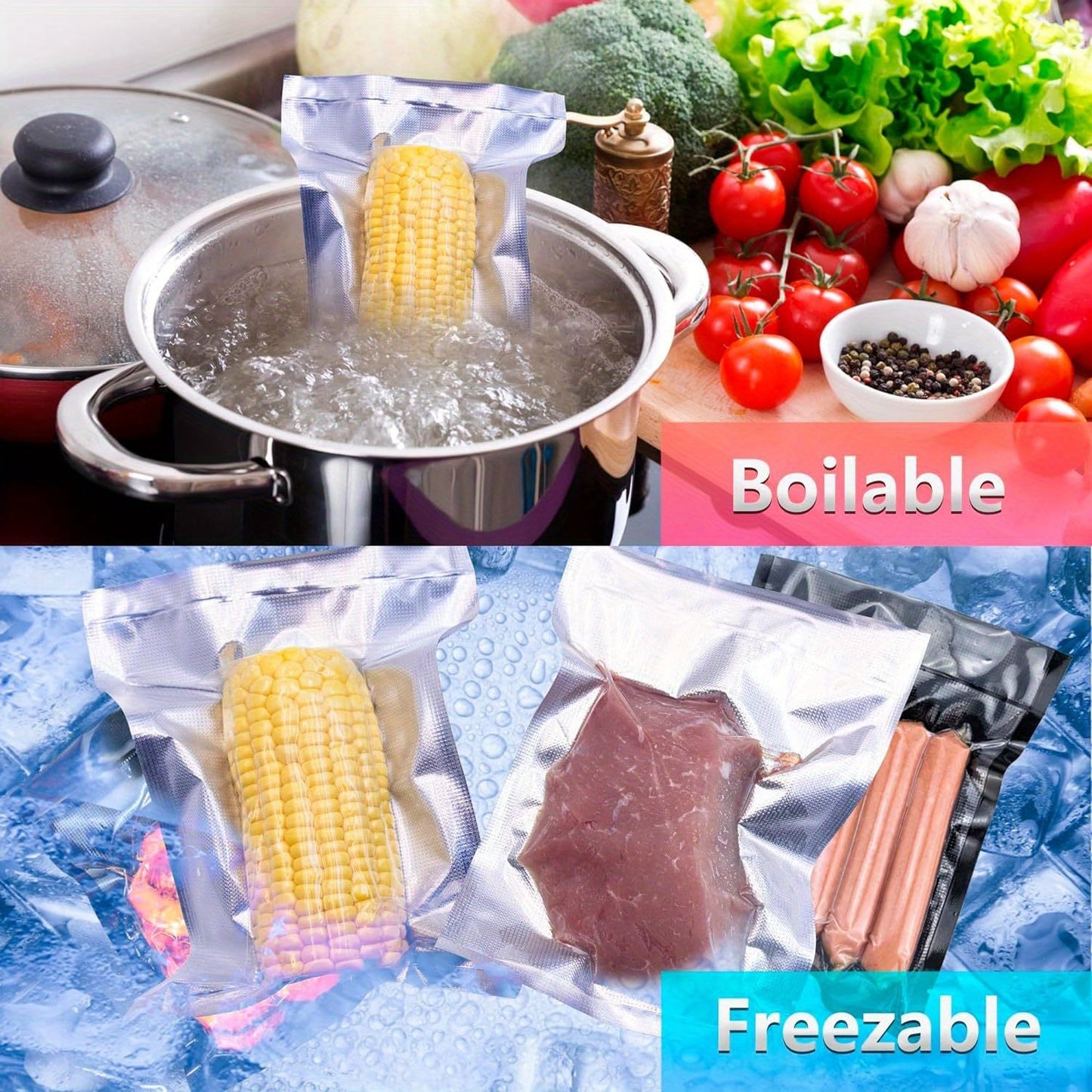 100 pieces of transparent vacuum sealer bags for food packaging. These disposable bags are perfect for preserving fruits, vegetables, meat, and grains. Great for kitchen organization and storage, these bags are essential kitchen accessories.