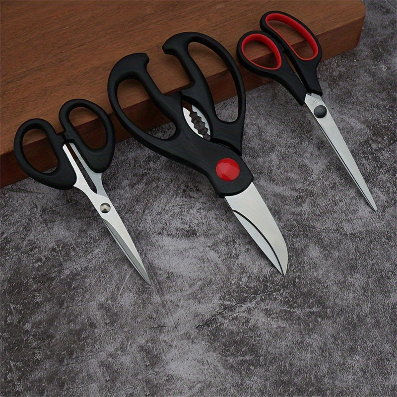 Set of 3 stainless steel kitchen shears for various uses including cutting chicken, meat, herbs, and tailoring. High-quality and versatile scissors.