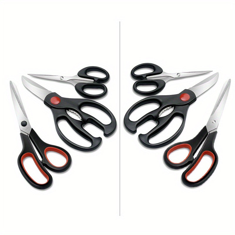 Set of 3 stainless steel kitchen shears for various uses including cutting chicken, meat, herbs, and tailoring. High-quality and versatile scissors.