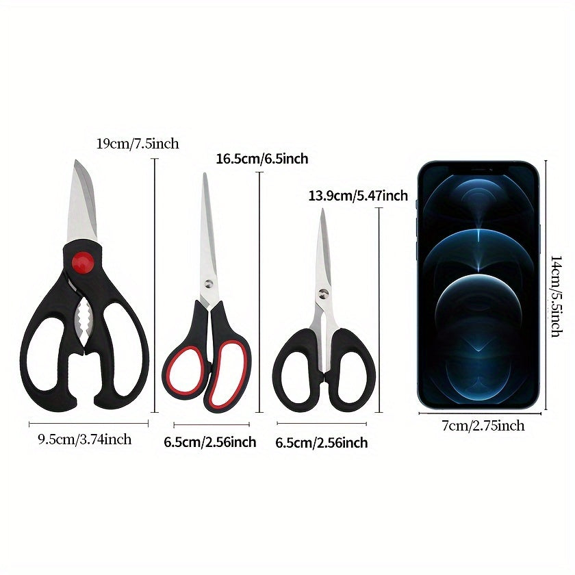 Set of 3 stainless steel kitchen shears for various uses including cutting chicken, meat, herbs, and tailoring. High-quality and versatile scissors.