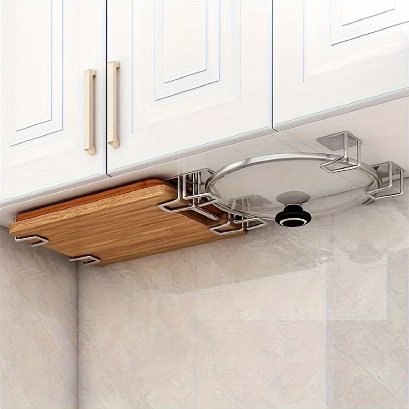 Wall-mounted Pot Rack with 4 Pieces, No Drilling Required, Organizer for Pot Covers, Cutting Boards, and Pans in Kitchen and Bathroom - Multi-functional Holder for Storage and Organization, Including Kitchen Accessories