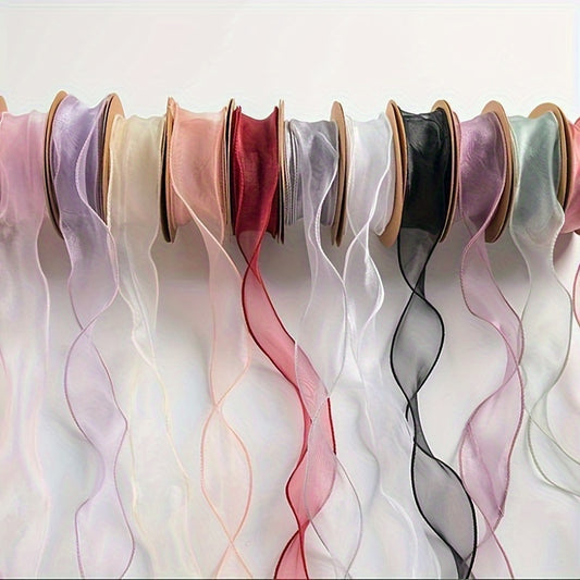 1pc of Sheer Wired Organza Ribbon with Floral and Golden Edge for Gift Wrapping, Bouquet Decoration, and DIY Crafts.