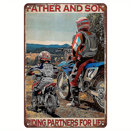 Tin Motorcycle Sign: Father and Son Riding Partners for Life - Perfect Motorcycle Gift for Enthusiasts! Funny Wall Art for Home, Bar, Cafe, or Garage Decor. ideal for Kitchen, Gym, or Fitness Club Walls.