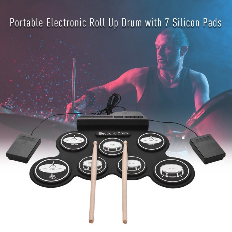 Compact USB electronic drum set with silicone pads for realistic sound, ideal for hip-hop & jazz performances, includes accessories, carrying case, great for parties or as a birthday gift.