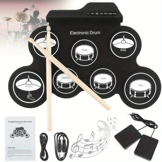 Compact USB electronic drum set with silicone pads for realistic sound, ideal for hip-hop & jazz performances, includes accessories, carrying case, great for parties or as a birthday gift.