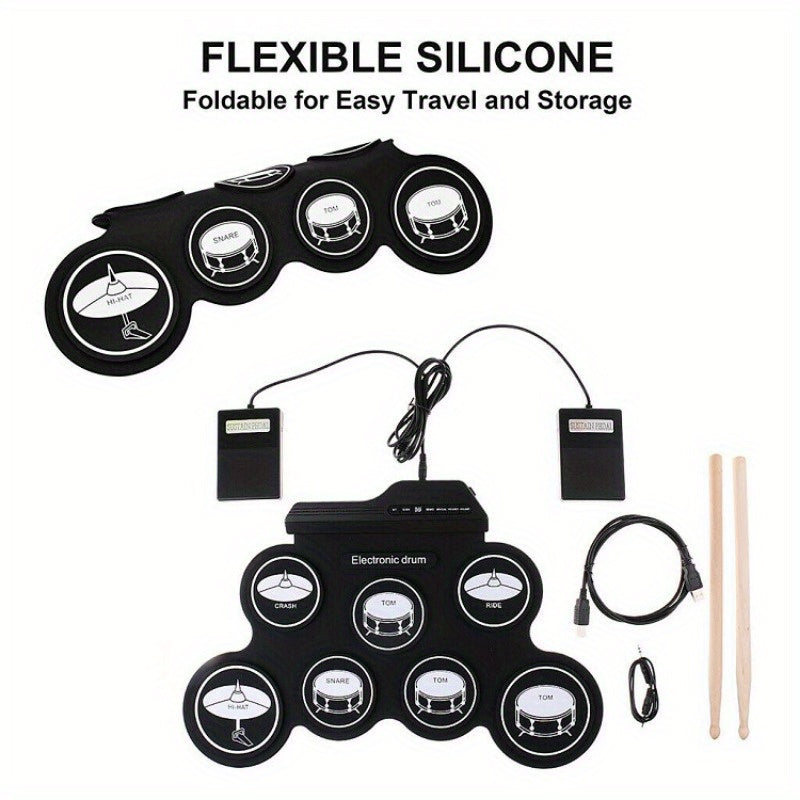 Compact USB electronic drum set with silicone pads for realistic sound, ideal for hip-hop & jazz performances, includes accessories, carrying case, great for parties or as a birthday gift.