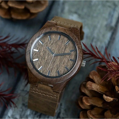 [Top Pick] Stylish Men's Walnut Wood Quartz Watch with Round Dial, Genuine Leather Strap, Battery-Powered, Not Waterproof, featuring Electronic Movement - Perfect Gift Idea