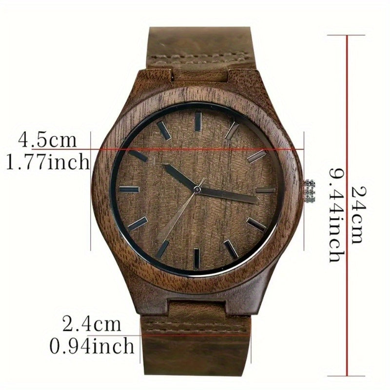 [Top Pick] Stylish Men's Walnut Wood Quartz Watch with Round Dial, Genuine Leather Strap, Battery-Powered, Not Waterproof, featuring Electronic Movement - Perfect Gift Idea