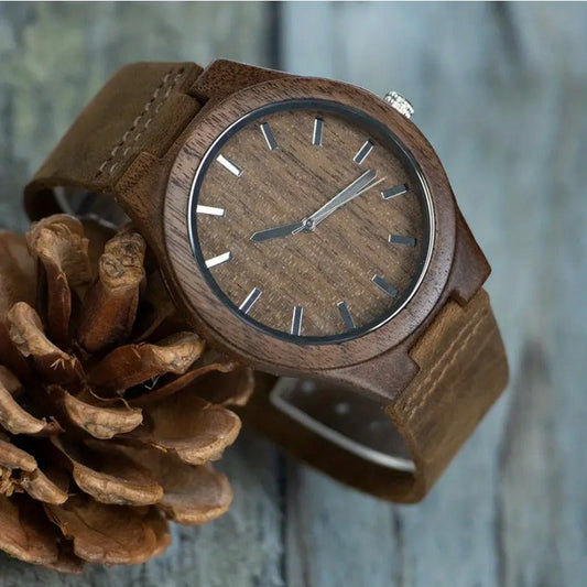 [Top Pick] Stylish Men's Walnut Wood Quartz Watch with Round Dial, Genuine Leather Strap, Battery-Powered, Not Waterproof, featuring Electronic Movement - Perfect Gift Idea