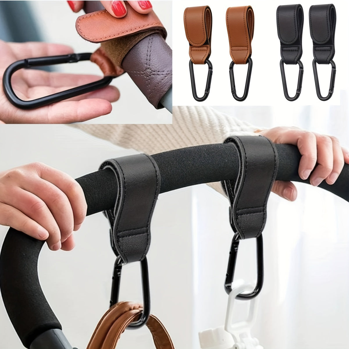 Set of 2 Stroller Hooks for Hanging Diaper Bags, Grocery Shopping Bags, or Pram Straps. The perfect multi-purpose gift for Christmas, Halloween, Thanksgiving, or any occasion. Made of high-quality faux leather.