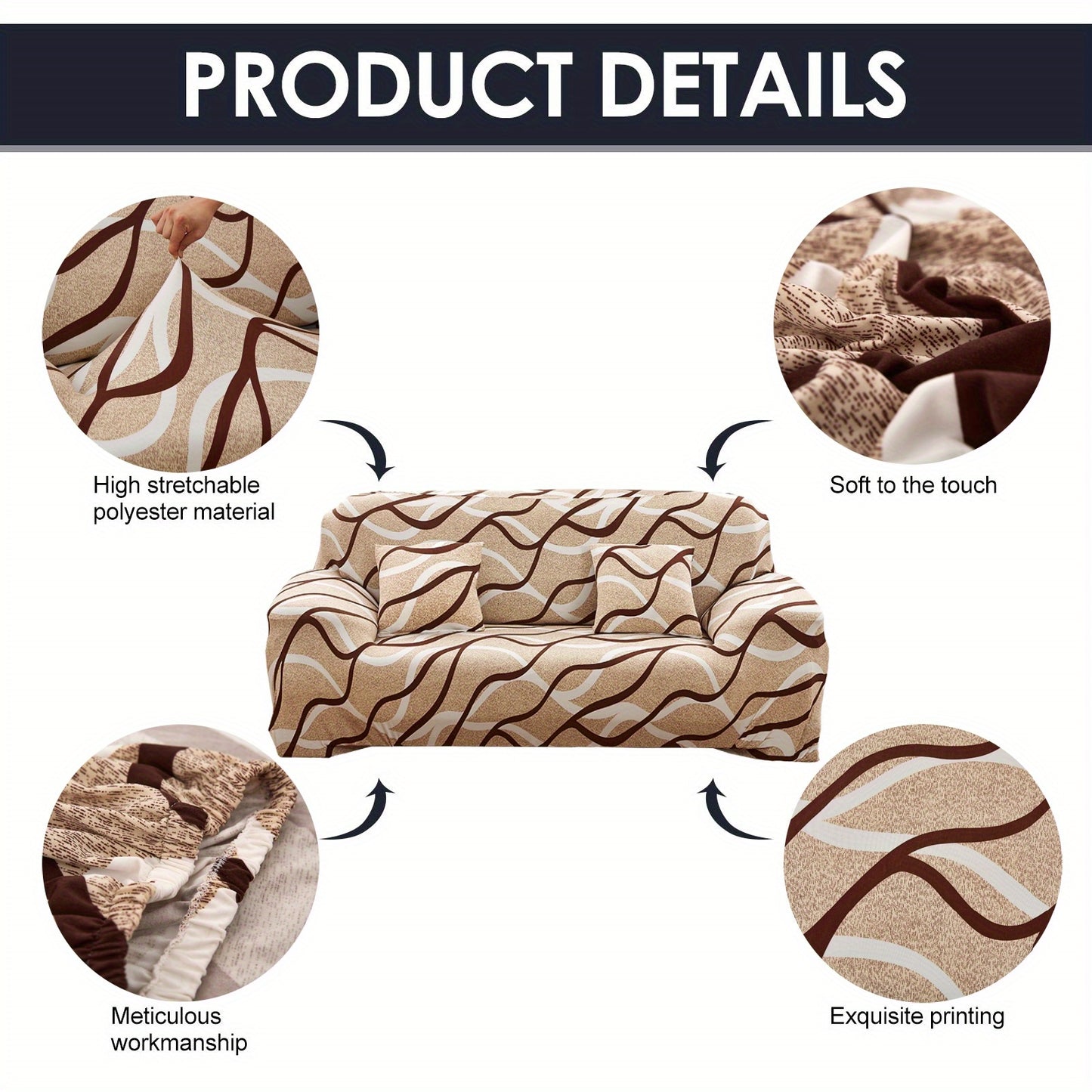 Натяжной чехол для дивана с эластичными петлями имеет современный волнистый узор. Изготовлен из мягкой смеси спандекса и полиэстера, включает съемный чехол для подушки и наволочку. Подходит для диванов разных размеров для защиты мебели с мягкой текстурой.
