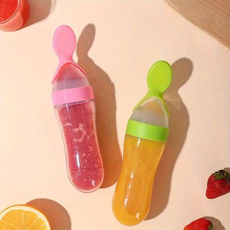 Silicone Spoon Bottle with Squeeze Feeding Spoon, 1 piece, 90ml/3oz, for Baby Food Supplements.