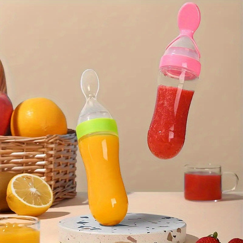 Silicone Spoon Bottle with Squeeze Feeding Spoon, 1 piece, 90ml/3oz, for Baby Food Supplements.