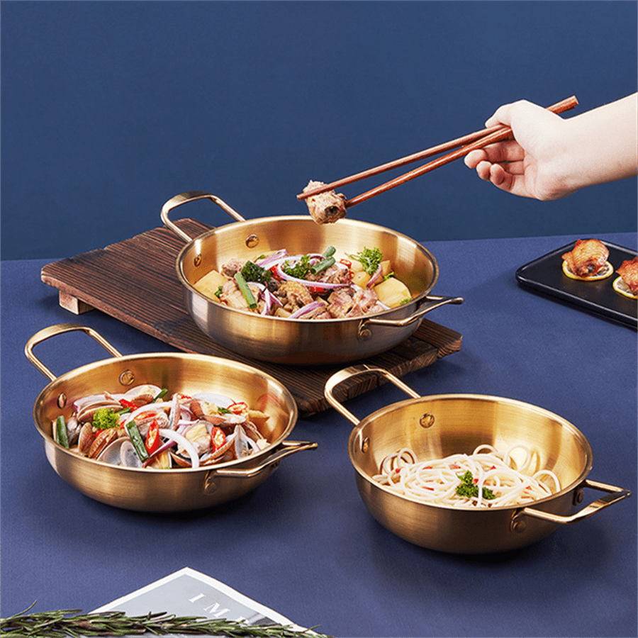 Golden-Tone Korean Ramen Pot made of Stainless Steel - Safe to Use in Dishwasher, Great for Cooking Soup & Seafood, Perfect for Home Kitchens & Restaurant Settings