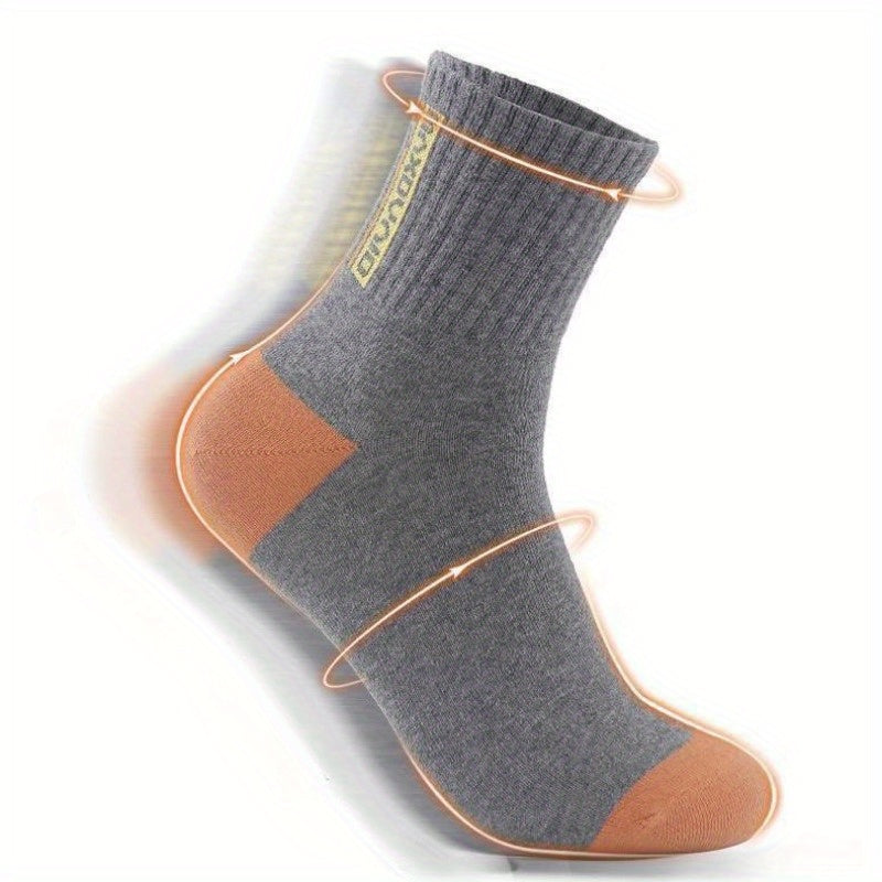 5 pairs of men's trendy color block crew socks, breathable and comfortable for outdoor wearing in all seasons.