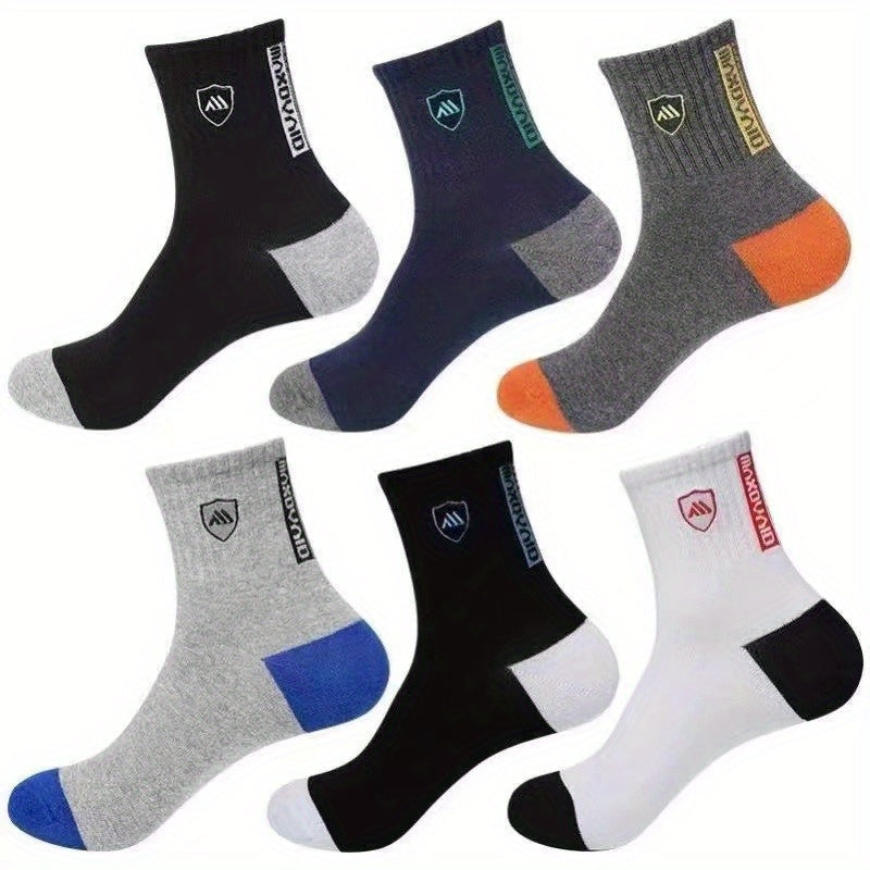 5 pairs of men's trendy color block crew socks, breathable and comfortable for outdoor wearing in all seasons.